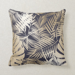 Tropical Floral Gold and Navy Blue Cushion