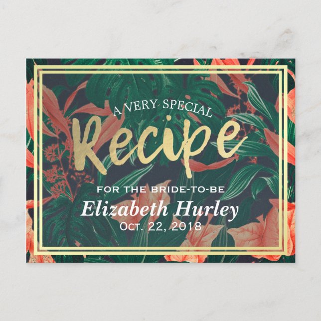 Tropical Floral Gold Frame Bridal Shower Recipe Invitation Postcard (Front)