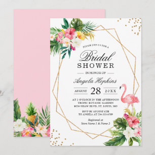 Tropical Floral Gold Frame Flamingo Bridal Shower Invitation