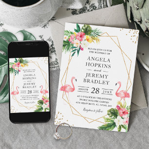 Tropical Floral Gold Frame Flamingo Summer Wedding Invitation