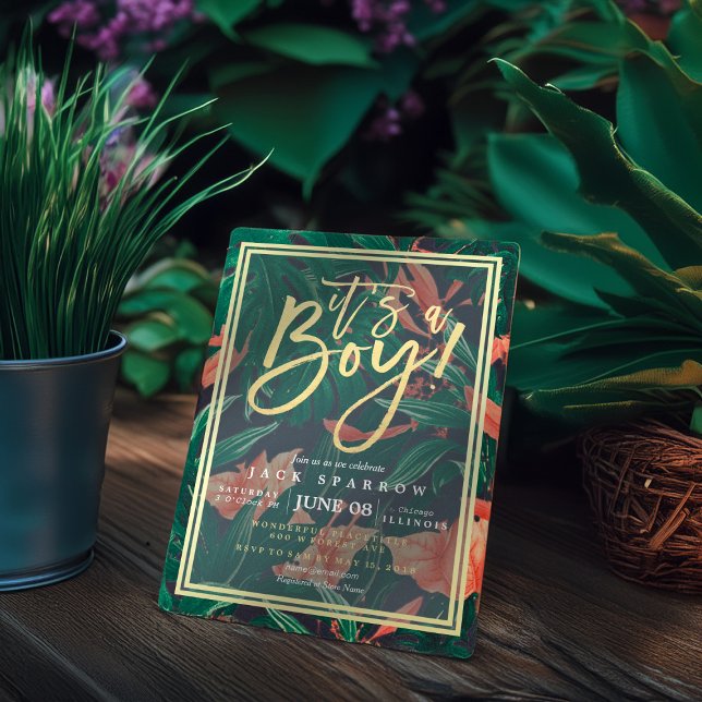 Tropical Floral Gold Frame Hawaiian Baby Shower Invitation (Creator Uploaded)