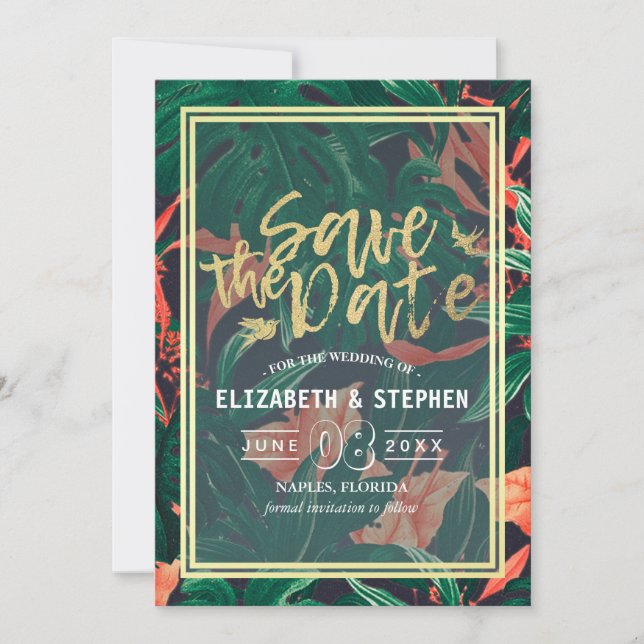 Tropical Floral & Gold Frame Wedding Save The Date (Front)