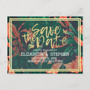 Tropical Floral & Gold Frame Wedding Save The Date Announcement Postcard