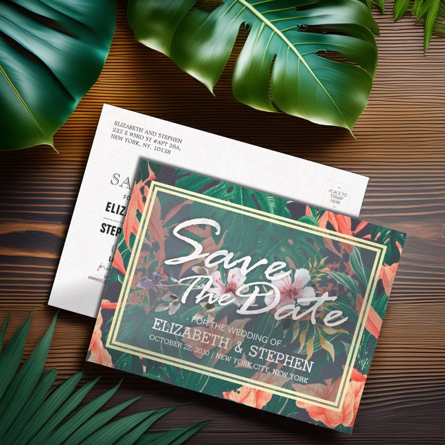 Tropical Floral & Gold Frame Wedding Save The Date Announcement Postcard (Creator Uploaded)