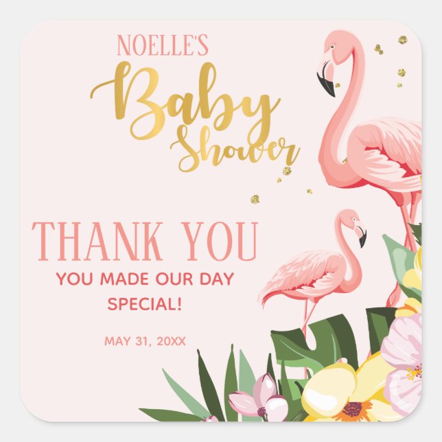Tropical Floral Gold Pink Flamingo Baby Shower Square Sticker (Front)