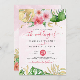 Tropical Floral Gold Watercolor Wedding Invitation