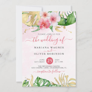 Tropical Floral Gold Watercolor Wedding Invitation