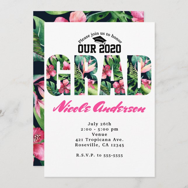 Tropical Floral GRAD Graduation Party Invitations (Front/Back)