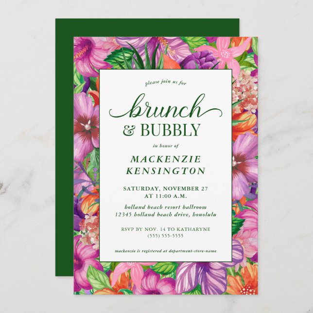 Tropical Floral Green Brunch Bubbly Shower Invitation (Front/Back)