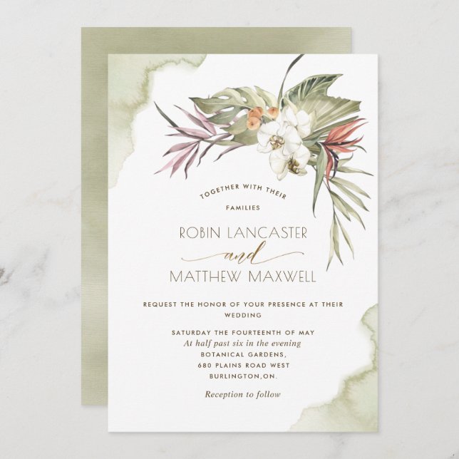 Tropical Floral Green Dried Palm Leaves Wedding Invitation (Front/Back)