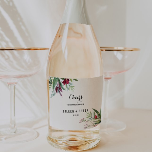 Tropical Floral Greenery Wedding Sparkling Wine La Sparkling Wine Label (Creator Uploaded)