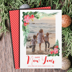 Tropical Floral Happy New Year Photo Holiday Card