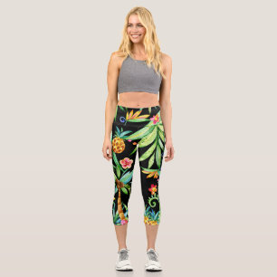 Tropical Floral Hawaii Black Leggings