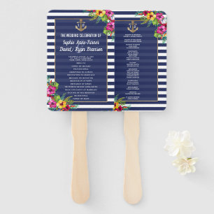 Tropical Floral Hawaiian Navy Blue Stripes Program Hand Fan