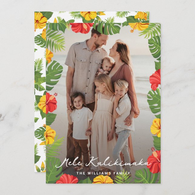 Tropical Floral Hawaiian Photo Mele Kalikimaka Holiday Card (Front/Back)