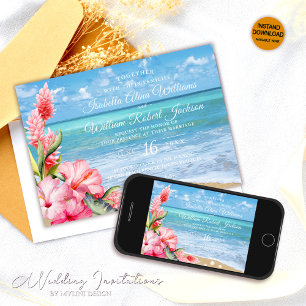 Tropical Floral Hibiscus Beach Wedding Invitation