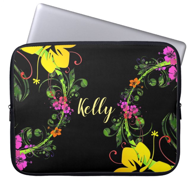 Tropical floral hibiscus black pink yellow green laptop sleeve (Front)