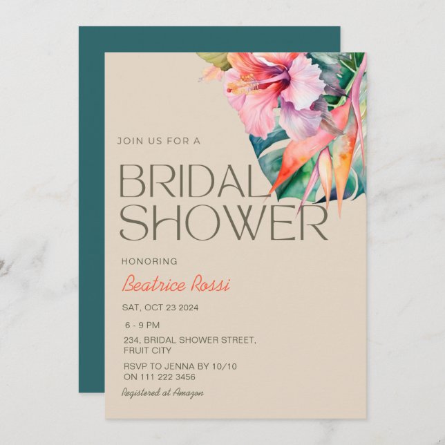 Tropical Floral Hibiscus Hawaiian Bridal Shower Invitation (Front/Back)