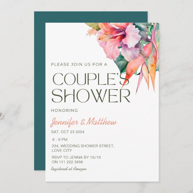 Tropical Floral Hibiscus Hawaiian Couples Shower Invitation (Front/Back)