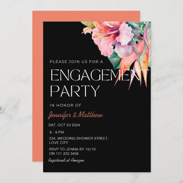 Tropical Floral Hibiscus Hawaiian Engagement Party Invitation (Front/Back)