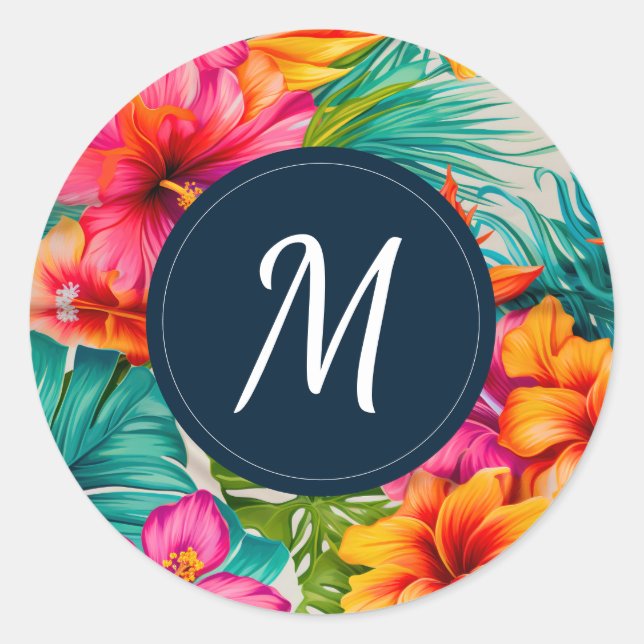 Tropical Floral Hibiscus Monogram Classic Round Sticker (Front)