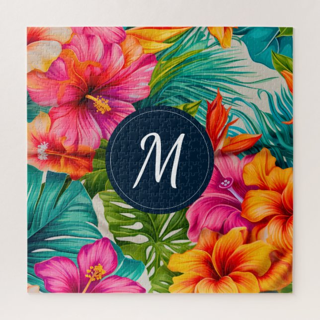 Tropical Floral Hibiscus Monogram Jigsaw Puzzle (Vertical)