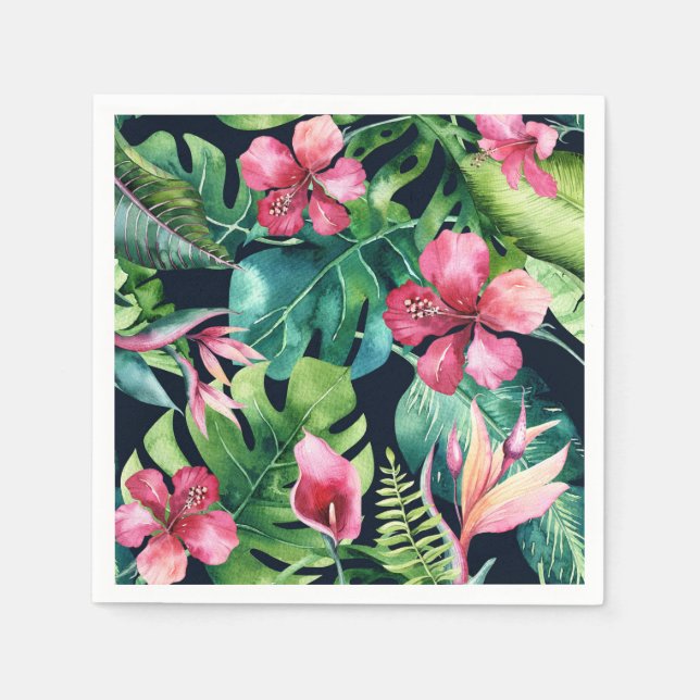 Tropical Floral Hibiscus & Palm Leaves Hawaiian Napkin (Front)