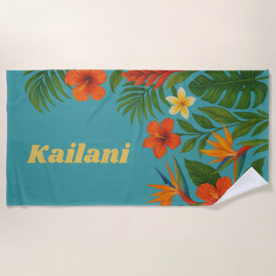 Tropical Floral Hibiscus Palm Personalized Name Beach Towel