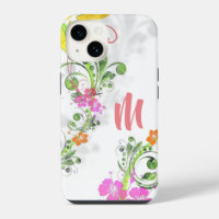 Tropical floral hibiscus pink green yellow white 