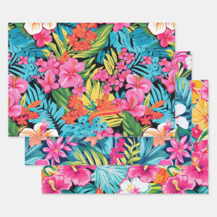 Tropical Floral Hibiscus Plumeria Pattern Design Wrapping Paper Sheet