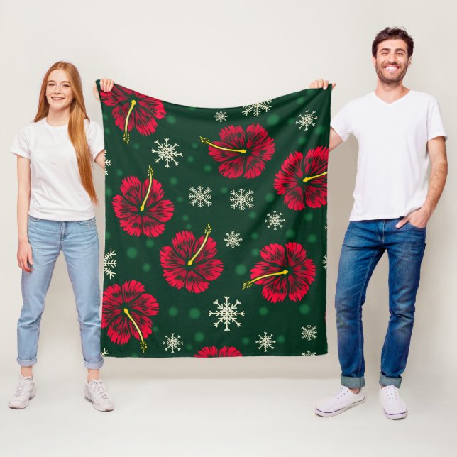 Tropical Floral Hibiscus Snowflakes Christmas |  Fleece Blanket (In Situ)