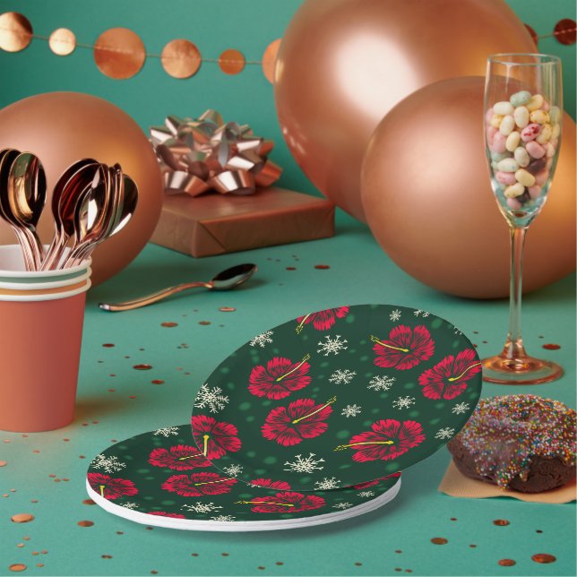 Tropical Floral Hibiscus Snowflakes Christmas |  Paper Plate (Multi)