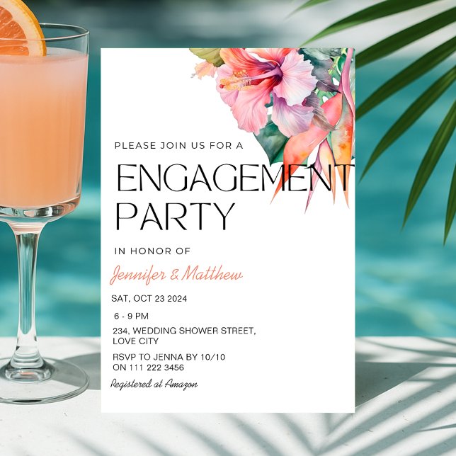 Tropical Floral Hibiscus Summer Engagement Invitation (Tropical Floral Hibiscus Hawaiian Engagement Party Invitation)