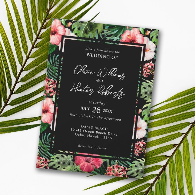 Tropical Floral Hibiscus Wedding Black Invitation (Creator Uploaded)
