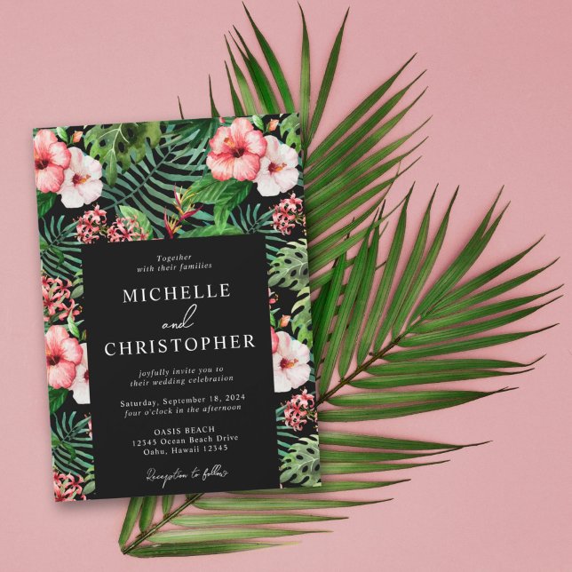 Tropical Floral Hibiscus Wedding Modern Black Invitation (Creator Uploaded)