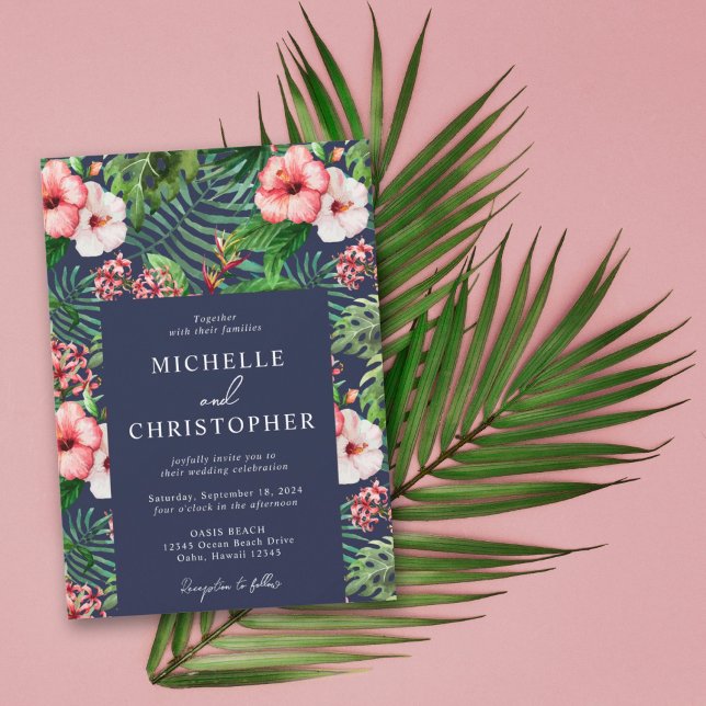 Tropical Floral Hibiscus Wedding Modern Navy Blue Invitation (Creator Uploaded)
