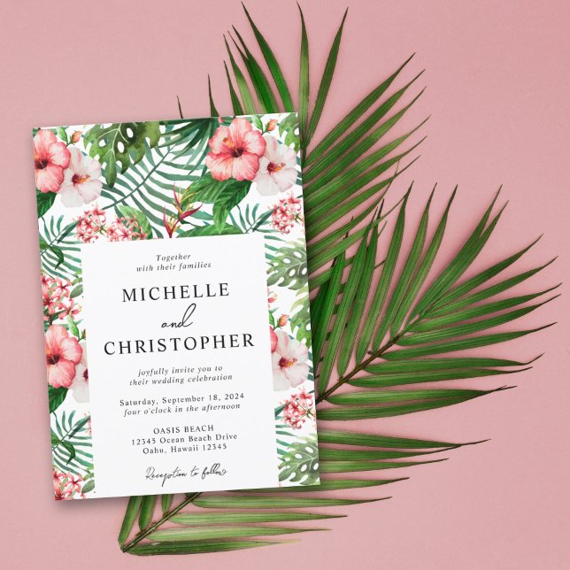 Tropical Floral Hibiscus Wedding Modern White Invitation (Creator Uploaded)