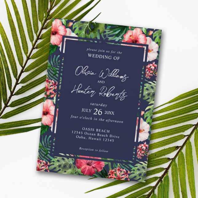 Tropical Floral Hibiscus Wedding Navy Blue Invitation (Creator Uploaded)