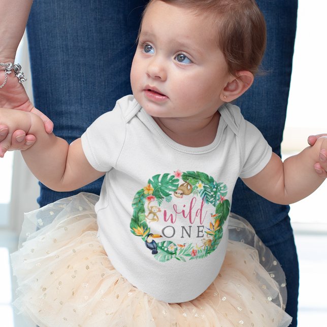 Tropical Floral Jungle Animals First Birthday Baby Bodysuit (Creator Uploaded)