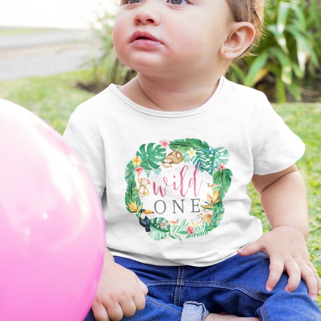 Tropical Floral Jungle Animals First Birthday Baby T-Shirt (Creator Uploaded)