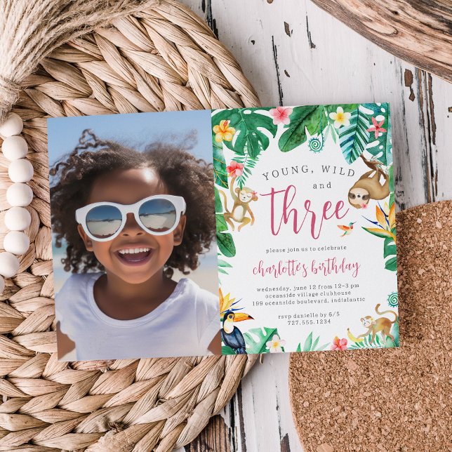 Tropical Floral Jungle Animals Kids Birthday Photo Invitation (Creator Uploaded)