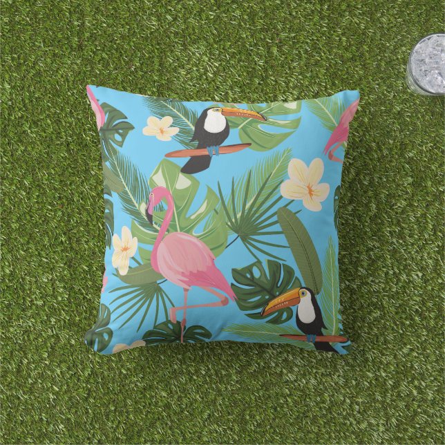 Tropical Floral Leaf Flamingo Toucan Blue Summer Cushion (Grass)