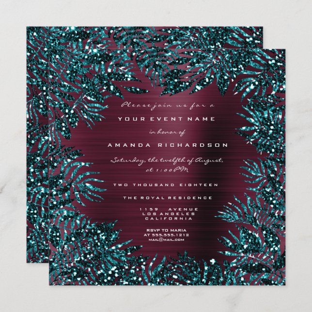 Tropical Floral Leafs Framed Glitter Teal Burgundy Invitation (Front/Back)