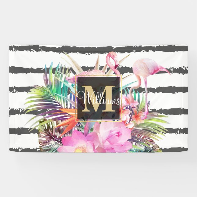 tropical floral leaves and flamingos stripes banner (Horizontal)