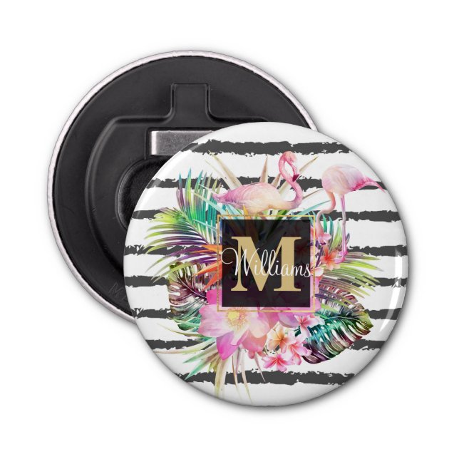 tropical floral leaves and flamingos stripes bottle opener (Front)