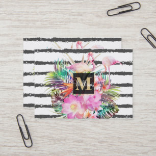 tropical floral leaves and flamingos stripes business card