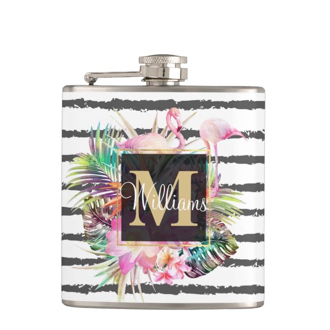 tropical floral leaves and flamingos stripes hip flask (Front)