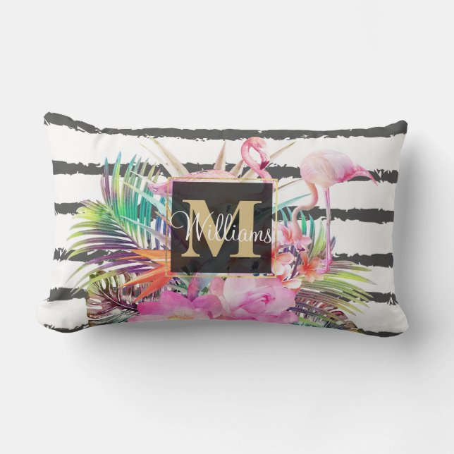 tropical floral leaves and flamingos stripes lumbar cushion (Front)