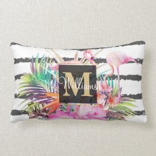 tropical floral leaves and flamingos stripes lumbar cushion