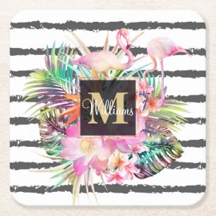 tropical floral leaves and flamingos stripes square paper coaster